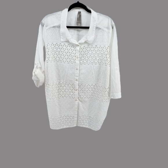 🤍 White Eyelet Blouse Coastal Grandma Minimalist 100% Cotton 3X - Picture 11 of 11